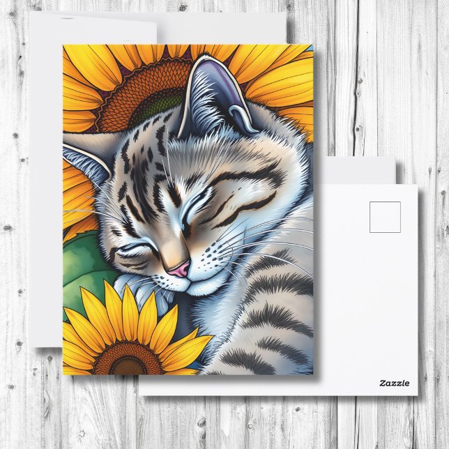 Sweet Napping Gray Cat and Sunflower Postcard (Creator Uploaded)