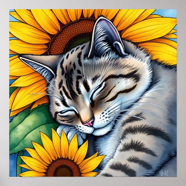 Sweet Napping Gray Cat and Sunflower Poster (Front)