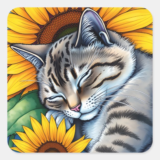 Sweet Napping Gray Cat and Sunflower Square Sticker (Front)