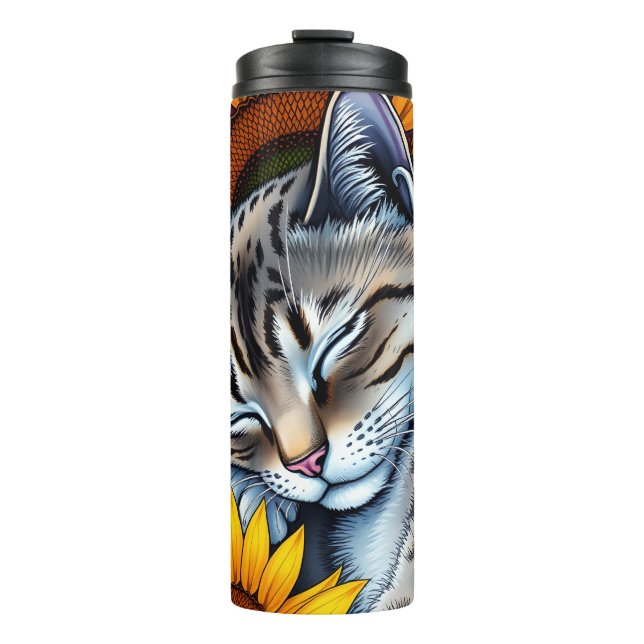 Sweet Napping Gray Cat and Sunflower Thermal Tumbler (Front)