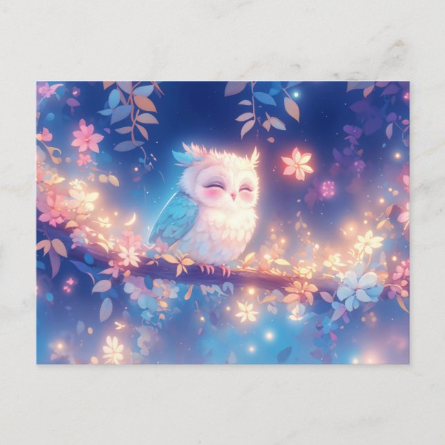 Sweet Napping Owl in Pink Flower Garden Postcard (Front)