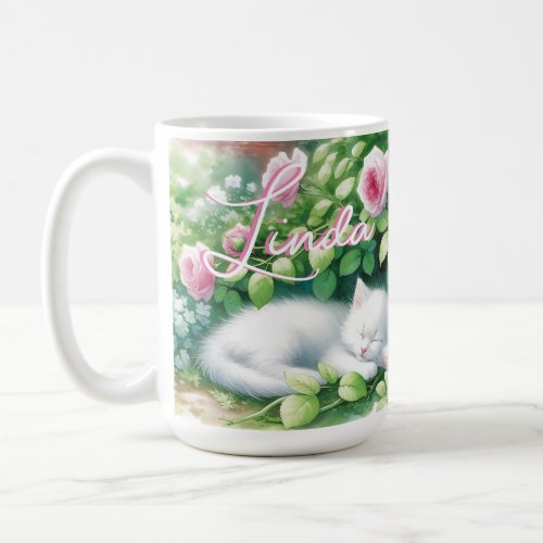 Sweet Napping White Kitten under a Rose Bush  Coffee Mug