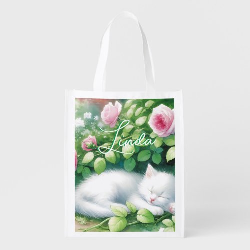 Sweet Napping White Kitten under a Rose Bush  Grocery Bag