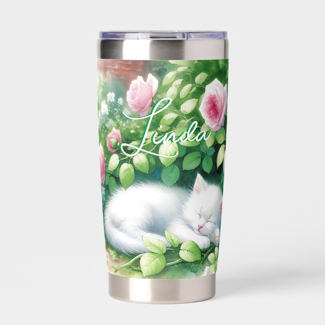 Sweet Napping White Kitten under a Rose Bush  Insulated Tumbler (Front)