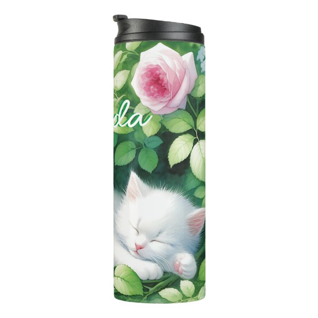 Sweet Napping White Kitten under a Rose Bush  Thermal Tumbler (Rotated Right)