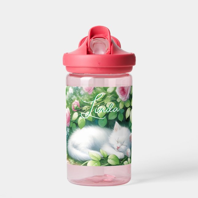 Sweet Napping White Kitten under a Rose Bush  Water Bottle (Front)