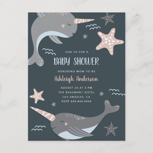 Sweet Narwhal Nautical Themed Baby Shower Invitation Postcard