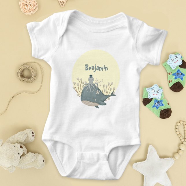 Sweet Nautical Whale Octopus Baby Shower  Baby Bodysuit (Sweet Nautical Whale Squid Watercolor Baby Shower Baby Bodysuit ©Susanne Sachers - Sunny Mind Design)