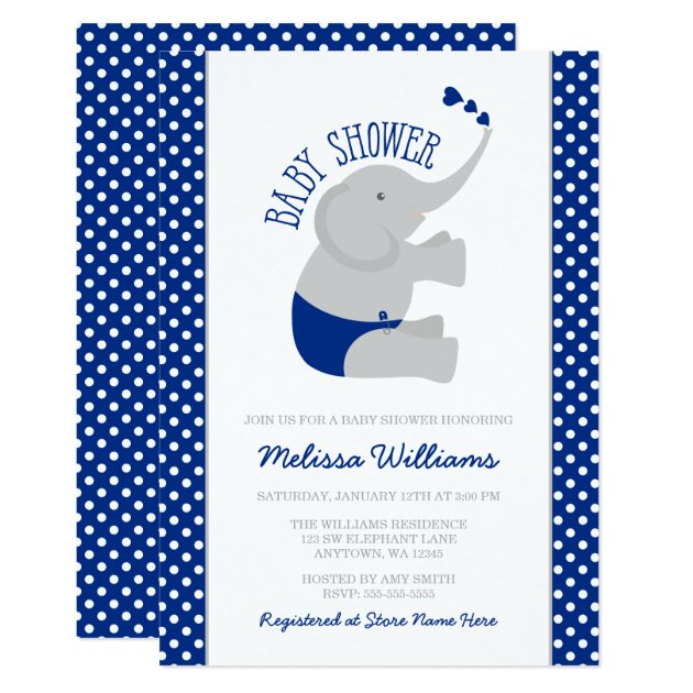 Sweet Navy Blue Gray Elephant Baby Shower Invitation