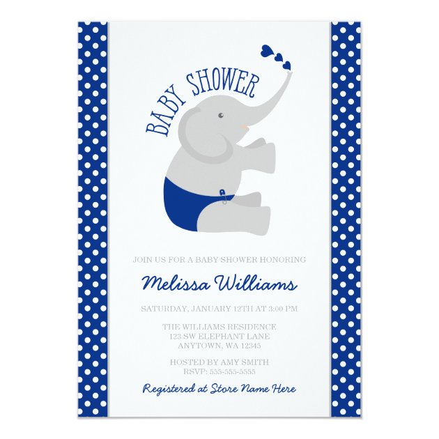 Sweet Navy Blue Gray Elephant Baby Shower Invitation
