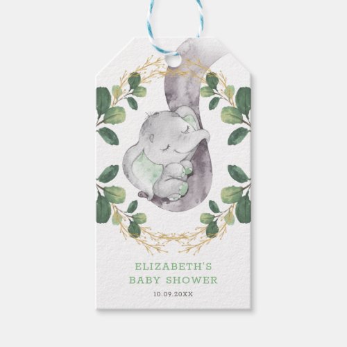 Sweet Neutral Elephant Greenery Gold Baby Shower Gift Tags