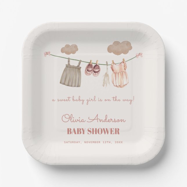 Sweet Neutral Pink Boho Baby Girl Clothes Shower Paper Plates (Front)