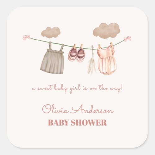 Sweet Neutral Pink Boho Baby Girl Clothes Shower Square Sticker