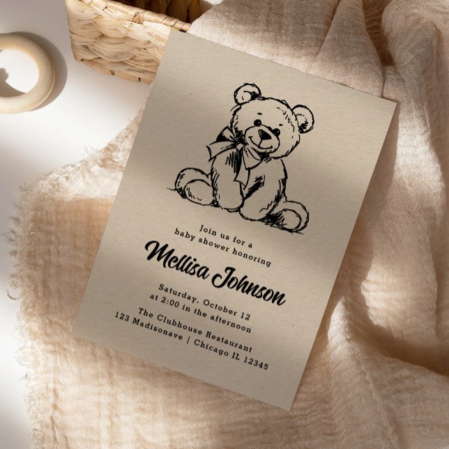 Sweet Neutral Sketch Teddy Baby Shower Design Invitation (Creator Uploaded)