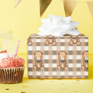 Sweet Neutral Teddy Bear Plaid Wrapping Paper