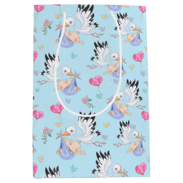 Sweet New Baby Boy and Stork  Medium Gift Bag (Front)