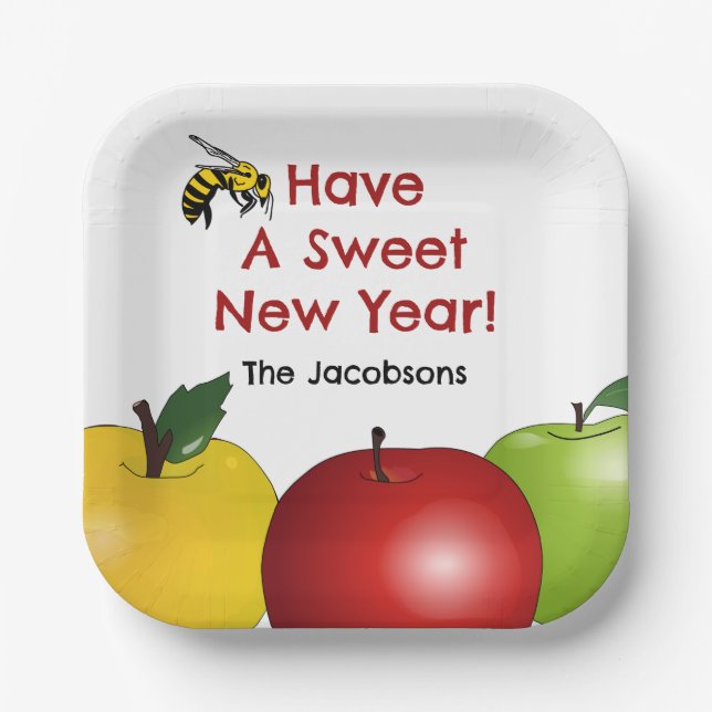 Sweet New Year Apple and Bee Paper Plates (Front)