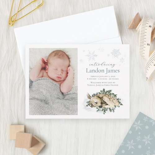 Sweet Newborn Deer Blue Green Baby Boy Photo Birth Announcement