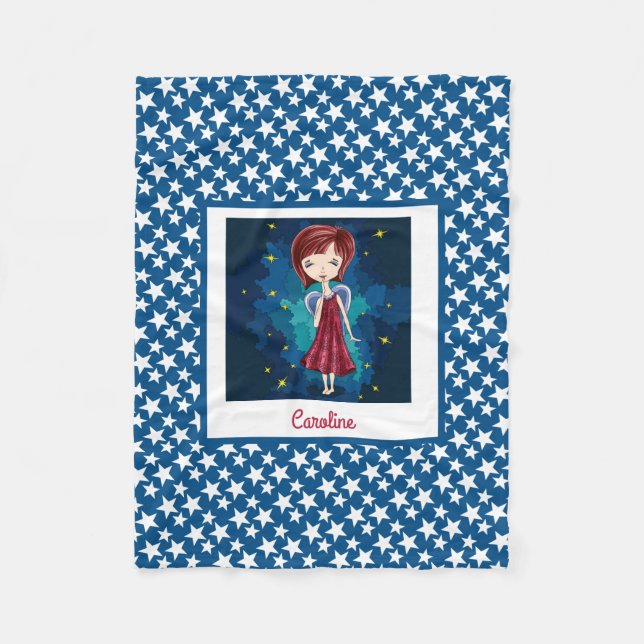 Sweet Night Angel & stars on blue personalized Fleece Blanket (Front)