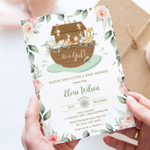 Sweet Noah's Ark Pink Floral Girl Baby Shower Invitation