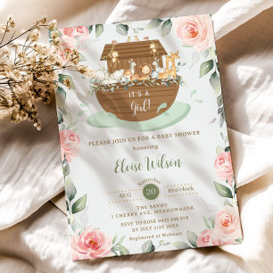 Sweet Noah's Ark Pink Floral Girl Baby Shower Invitation