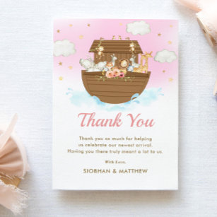 Sweet Noah's Ark Pink Girl Baby Shower Thank You Card