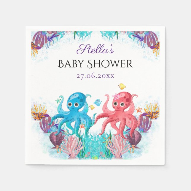 Sweet Ocean Twins Octopus Seashells Baby Shower Napkins (Front)