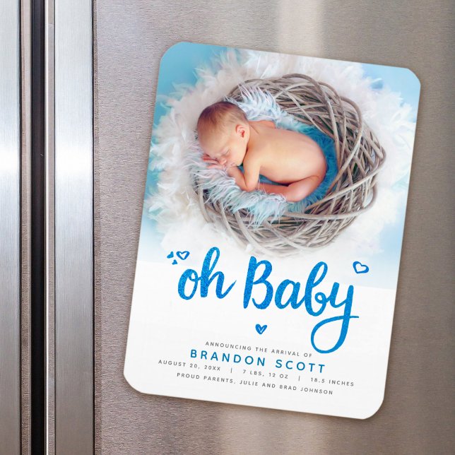 Sweet Oh Baby Boy Birth Announcement Photo Magnet (Creator Uploaded)