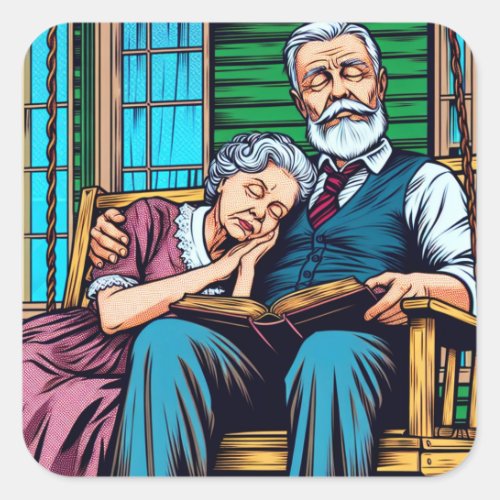 Sweet Old Couple Napping on the Front Porch Square Sticker