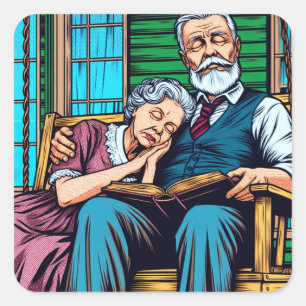 Sweet Old Couple Napping on the Front Porch Square Sticker
