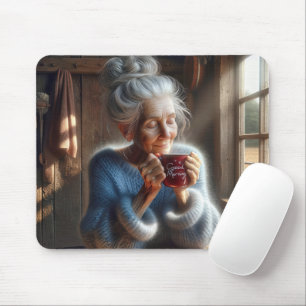 Sweet Old Lady With Morning Coffee Mouse Pad