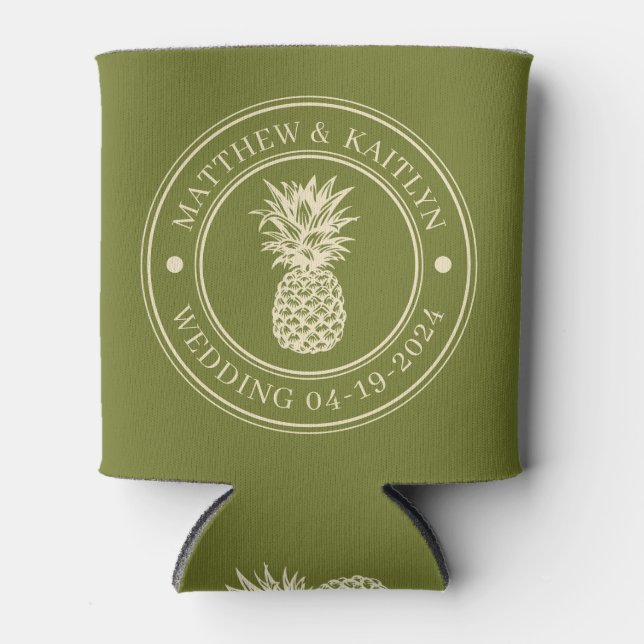 Sweet Olive Pineapple Wedding Crest & Names Can Cooler (Front)