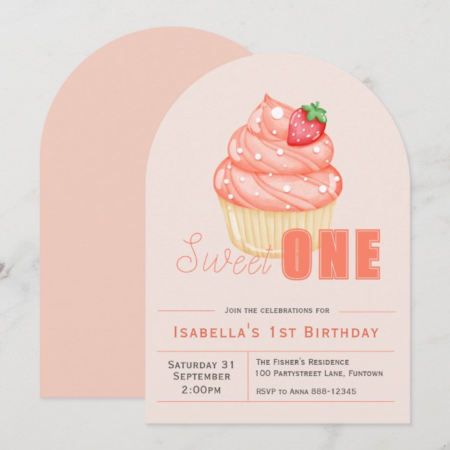 Sweet ONE 1st birthday girl arch Invitation (Front/Back)