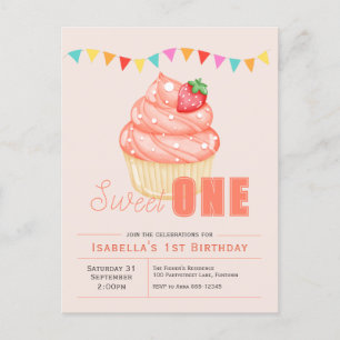 Sweet ONE 1st birthday girl Invitation Postcard