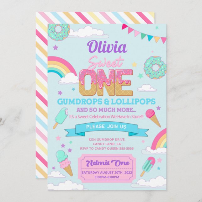 Sweet One 1st Birthday Party Candy Land Invitation (Front/Back)