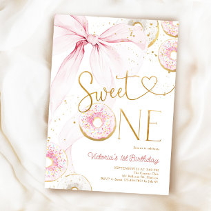 Sweet One 1st Birthday Pink Bow Donuts Invitation