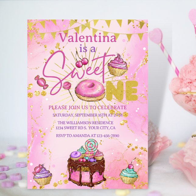 Sweet One 1st Birthday Pink Faux Glitter Donut Invitation (Creator Uploaded)