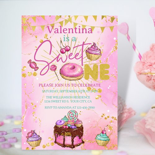 Sweet One 1st Birthday Pink Faux Glitter Donut Invitation
