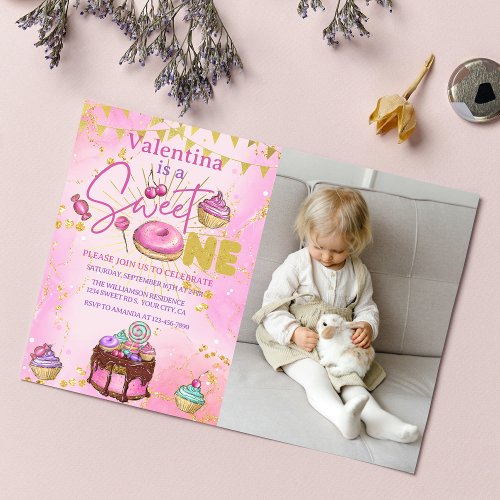 Sweet One 1st Birthday Pink Faux Glitter Photo Invitation