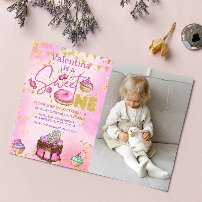Sweet One 1st Birthday Pink Faux Glitter Photo Invitation | Zazzle