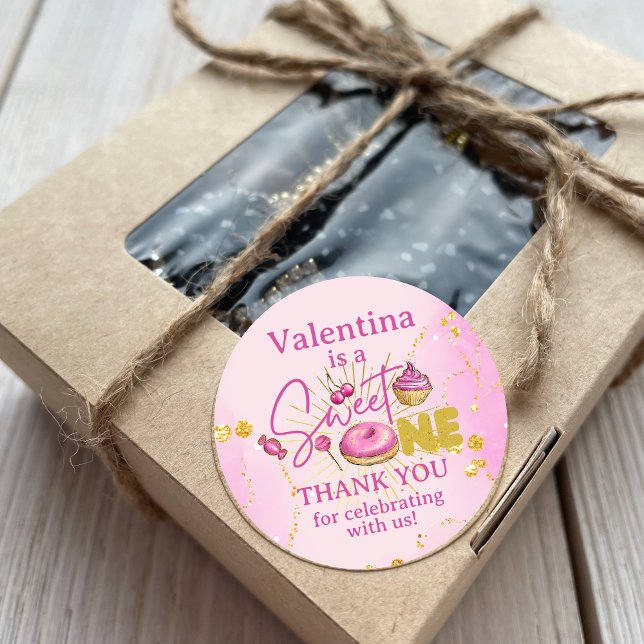 Sweet One 1st Birthday Pink Gold Favor Thank You Classic Round Sticker (Creator Uploaded)