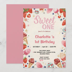 Sweet One 1st Birthday Strawberry Donut Ice Cream Invitation