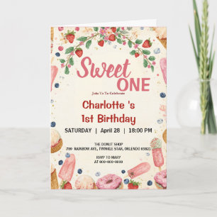 Sweet One 1st Birthday Strawberry Donut Ice Cream Invitation