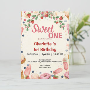 Sweet One 1st Birthday Strawberry Donut Ice Cream Invitation