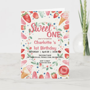 Sweet One 1st Birthday Strawberry Donut Ice Cream Invitation