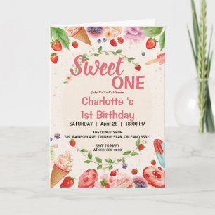 Sweet One 1st Birthday Strawberry Donut Ice Cream Invitation