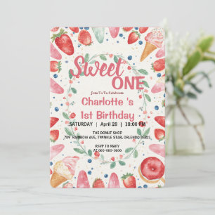 Sweet One 1st Birthday Strawberry Donut Ice Cream Invitation