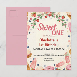 Sweet One 1st Birthday Strawberry Donut Ice Cream Invitation Postcard