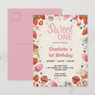 Sweet One 1st Birthday Strawberry Donut Ice Cream Invitation Postcard