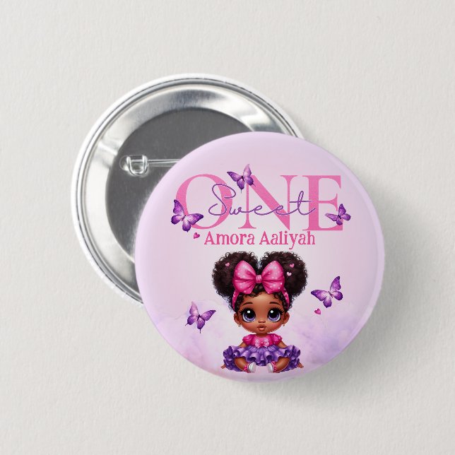 Sweet ONE Afro Puff Baby Girl Purple 1st Birthday  Button (Front & Back)